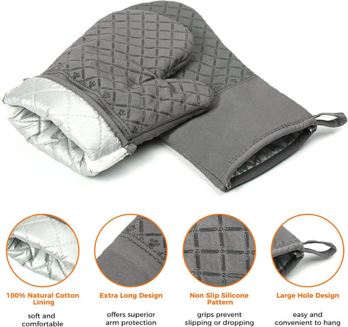 2 Pcs Oven Mitts Heat Resistant for Kitchen, Kitchen Oven Gloves, Long Oven Mitts and Pot holder with Non-Slip Silicone Stripe Soft Cotton Lining,...